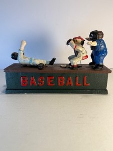 lot 58 image: Vintage Cast-Iron Mechanical Bank  Baseball Hometown Battery Style  Action Works