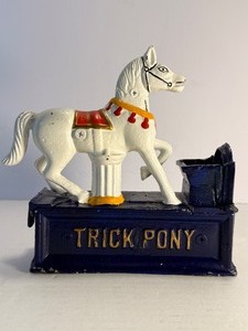 lot 67 image: Vintage Charm Cast Iron Trick Pony Mechanical Coin Bank