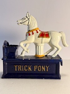 lot 67 image: Vintage Charm Cast Iron Trick Pony Mechanical Coin Bank