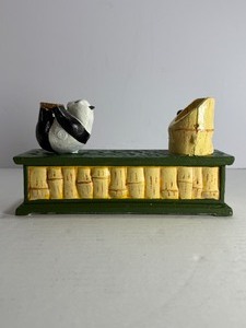 lot 116 image: Cast Iron Mechanical Coin Bank Panda Bear Bamboo Motif