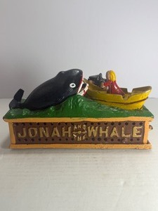 lot 143 image: VintageAntique Cast Iron Jonah and the Whale Mechanical Bank, Shepard Hardware Co. Design