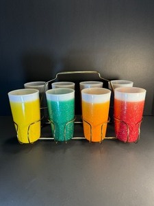 &nbsp;RARE COLLECTOR'S ITEM: Full Set of 8 VINTAGE Fire King Glamalite Tumblers with Original Caddy!