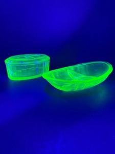 lot 97 image: Vibrant Depression Era Uranium Glass  Covered Butter Dish &amp Divided Relish Set  Glows Green Under Blacklight