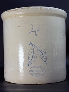 lot 53 image: Antique Red Wing Union Stoneware Co. 4 Gallon Crock w Cobalt Blue Birch Leaf Design (c. 1896-1912)