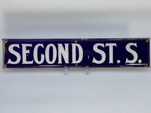 lot 151 image: Vintage Porcelain Enamel Street Sign - SECOND ST. S. Deep Blue &amp White Embossed Steel Sign.