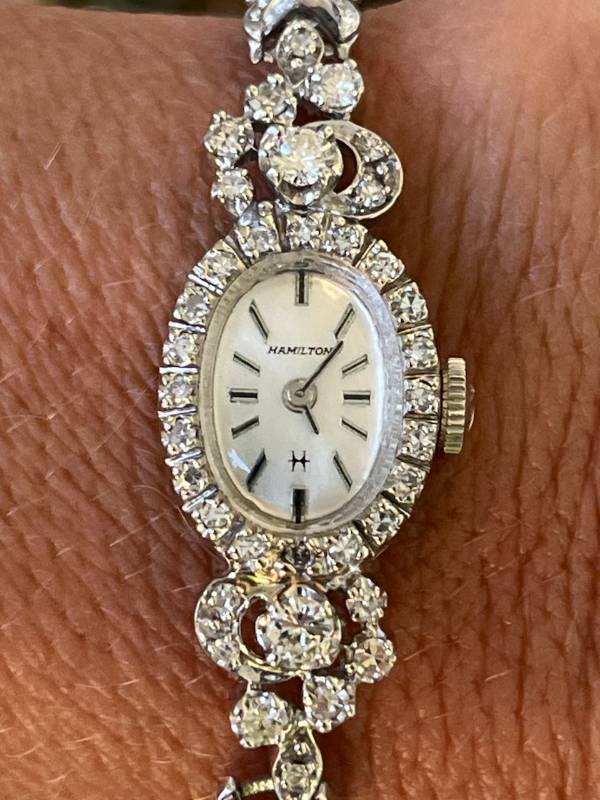 Vintage Hamilton 14K White Gold and Diamond Ladies Manual  display picture 1