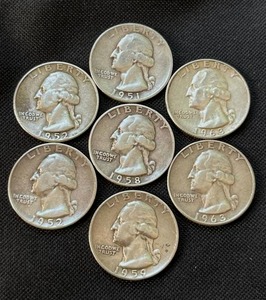 lot 29 image: 90% Silver Quarter Lot - 1951-D, 1952-D (x2), 1958-D, 1959-D, and 1963-D (x2)