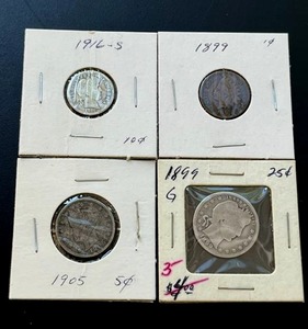 lot 35 image: Antique U.S. Coin Lot - 1905 Liberty V Nickel, 1916-S Barber Dime, 1899 Barber Quarter, and 1899 Indian Head Penny