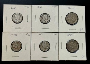 lot 34 image: Mercury Dimes and Buffalo Nickels - 1924, 1936, 1937, 1941 Dimes & 1936-S and 1937 Nickels