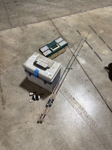 lot 201 image: FISHING POLES, TACKLE BOXES , & REEL