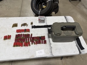 lot 370 image: TABLE FULL OF 12 GUAGE, 16 GAUGE, 270 REM, 308 REM, 7.62X39, & AMMO CASE