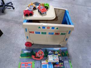lot 278 image: FISHER PRICE PHONE PULL TOY 4 FISHERPRICE TRUCKS WPLAY MAT & TOY BOX ON WHEELS
