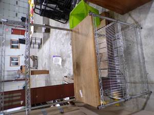 lot 288 image: KITCHEN 4 TIER CHROME MESH SHELF WITH WOOD COUNTER HEIGHT SHELF