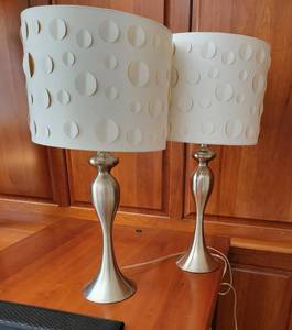 lot 111 image: Brushed Nickel Candlestick Lamps with Pierced Dot Shades
