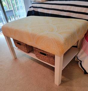 lot 14 image: Cheerful Yellow and White Bench with Shelf