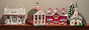 lot 79 image: Department 56 Christmas Snow Village Collection - Red Barn - Colonial Church - Cumberland - Snowhouse
