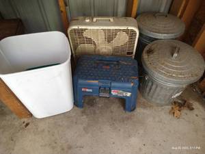 lot 274 image: Storage Stepstool, Garbage Bins, Etc