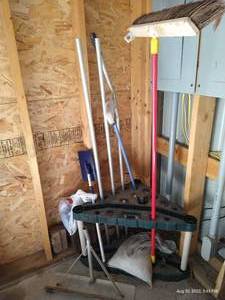 lot 299 image: Corner Garden Tool Organizer With Roof Rake & Various Tools