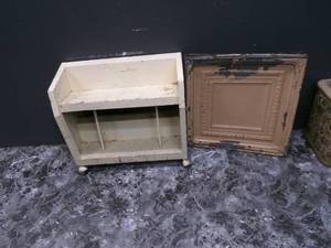 lot 25 image: Old small metal cart and tin...
