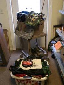 lot 69 image: Metal Cart w lot of bags, mens boo...