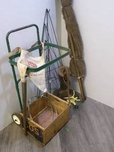lot 121 image: Vintage Fruit Box, Metal trash Bag ...