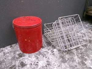 lot 151 image: Vintage Red Metal Bucket with Lid a...