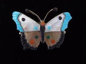 lot 65 image: .925 Sterling Silver Artist Signed Inlayed and Carved Turquoise, Coral, Onyx and Mother of Pearl Navajo Butterfly Brooch