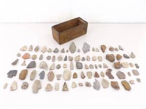 lot 16 image: Wood Box of Unfinished, Partial, Broken, etc. AUTHENTIC Antique Indian Arrowheads 
