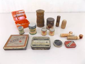 lot 19 image: Vintage and Antique Medical Apothecary Tins, Wood Cylinders, Floss, etc.
