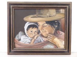 lot 86 image: Wood Framed Oil on Canvas of an Indigenous Mother and Child by Artist J. Lee