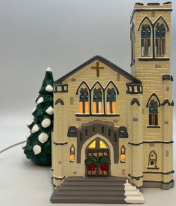 lot 17 image: Department 56 Lighted Church with Snowy Ceramic Tree