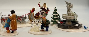 lot 28 image: Dept 56 Snow Village Winter Fountain and Carnival Figurines Set