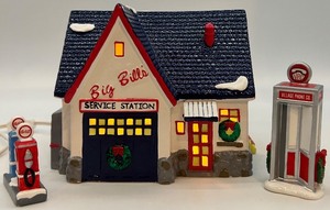 lot 29 image: Dept 56 Snow Village Service Station and Village Phone Booth Handpainted Ceramic Set