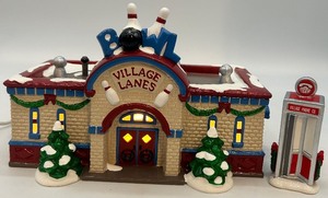 lot 30 image: Department 56 Snow Village Bowling Alley and Phone Booth, Handpainted Ceramic Set