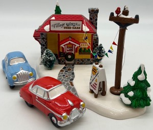 lot 33 image: Department 56 Snow Village Used Car Lot Set of 5 Handpainted Ceramic Accessories