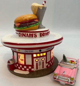 lot 34 image: Department 56 Snow Village Dinahs Drive-In with Christmas Cadillac Accessory