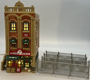 lot 35 image: Department 56 Snow Village Mainstreet Hardware Store with Chain Link Fence Extensions