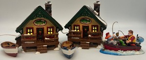 lot 48 image: Department 56 Snow Village Fishermans Nook Cabins, Fishing Boat Scene, and Accessories Lot