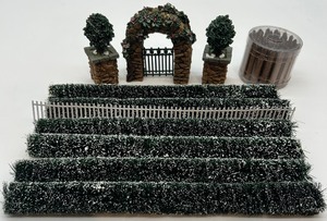 lot 59 image: Department 56 Miniature Garden Landscape Set with Hedges, Fencing, Gate, and Topiary Decorations