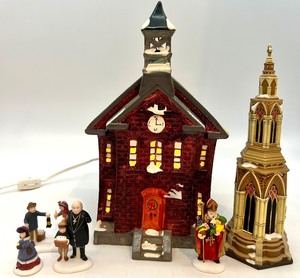 lot 104 image: Department 56 Christmas Village Lighted Church, Tower, and 5 Porcelain Figurines