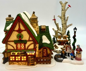 lot 107 image: Heritage Village Dickens Village Series Porcelain Carolers Set with Leacock Poulterer and Birch Tree Cluster