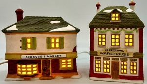 lot 116 image: Department 56 Heritage Village Dickens Series Scrooge & Marley Counting House and Fezziwigs Warehouse Lit Buildings