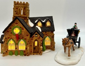 lot 117 image: Heritage Village Dickens Series Knottinghill Church and Kings Road Cab Porcelain Set