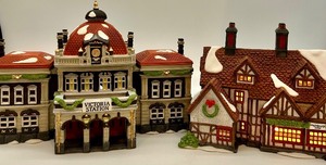 lot 121 image: Heritage Village Collection Dickens Village Series Porcelain Buildings - Victoria Station and Ashbury Inn