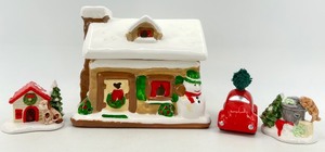 lot 123 image: Ceramic Christmas Village House and Snow Village Cat and Dog Set