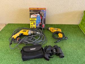 lot 55 image: Air Hawk Corless Inflator, DeWalt Drills & Bushnell Binoculars
