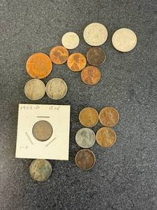 lot 62 image: Wheat Pennies Including 1943S Steel, 1944 Silver Nickel, Copper Coin & Misc