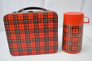 lot 6 image: Vintage Aladdin Tartan Plaid Metal Lunchbox with Thermos