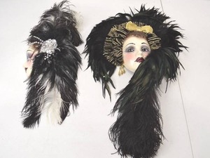 lot 23 image: Unique Creations Feathered Wall Art Mask Pair, Handmade