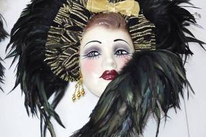 lot 23 image: Unique Creations Feathered Wall Art Mask Pair, Handmade